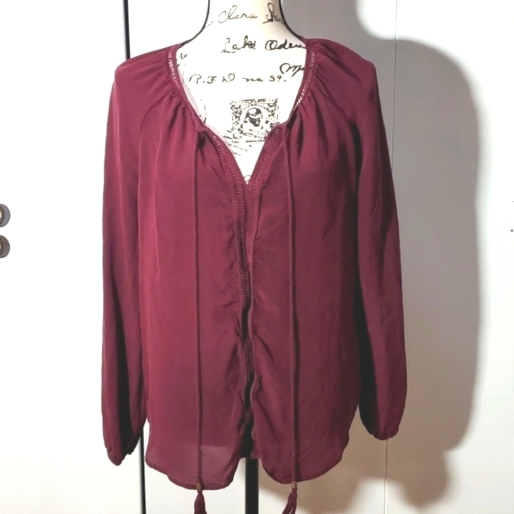 Daniel Rainn| Womens Burgundy Boho Tassel Tie 100% Silk Blouse  Sz.Large